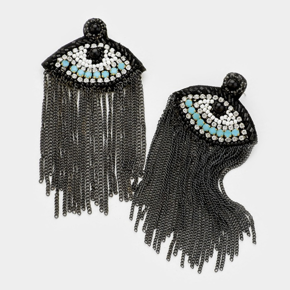 Jewelry - Crystal Pave Beaded Evil Eye Chain Tassel Earrings